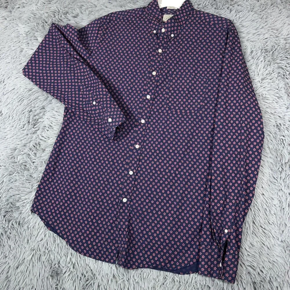 J Crew Adult Shirt Large Tall Blue Red Button Up Floral Stretch Classic Mens